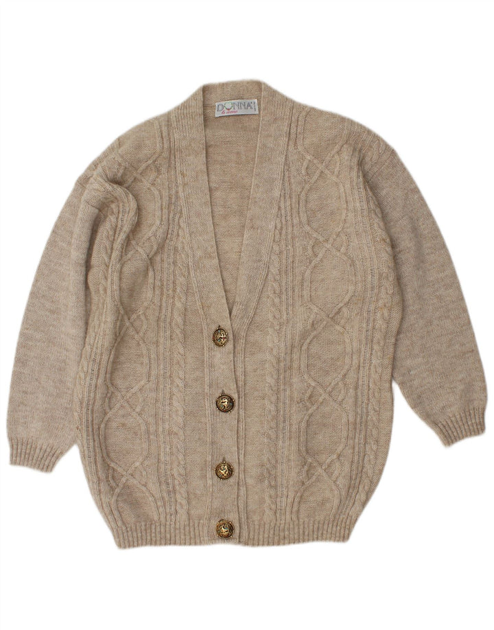 vintage Femme Pull Cardigan surdimensionné UK 14 Laine Beige Moyenne