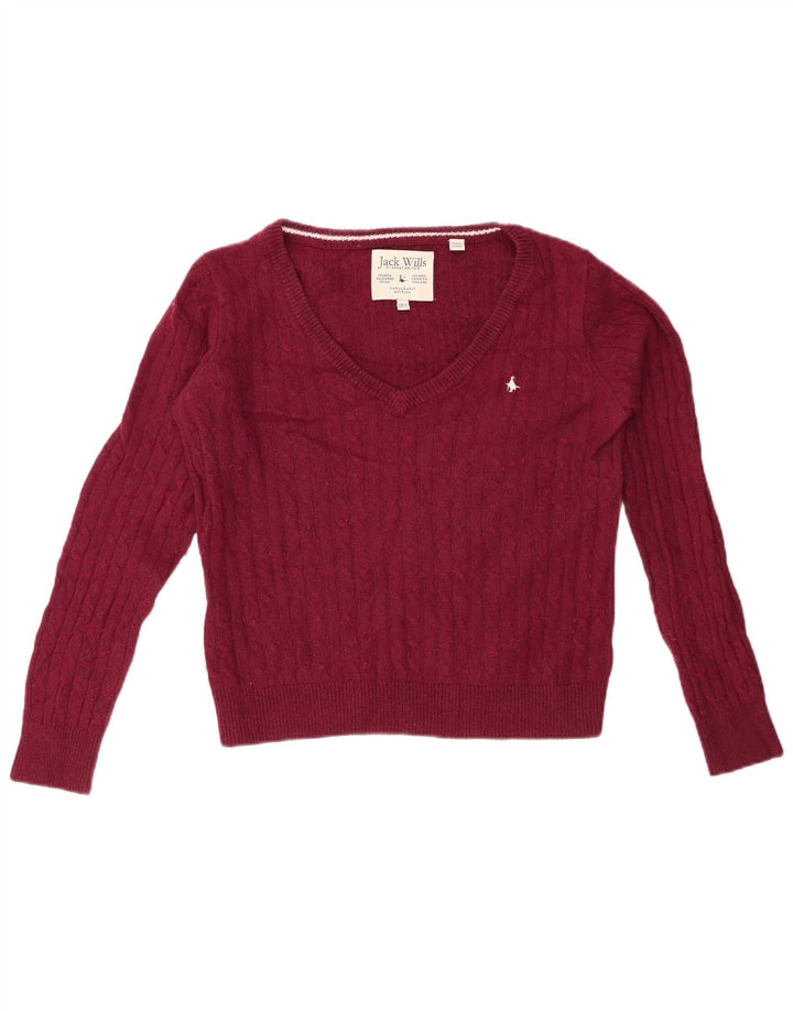 JACK WILLS Pull court à col en V pour femme UK 10 Petit coton bordeaux