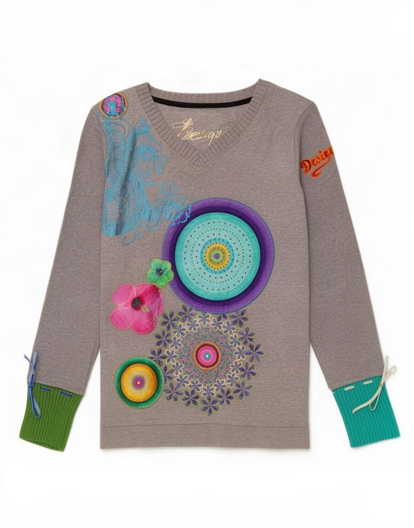 Desigual Haut Graphique à Manches Longues pour Femme UK 14 Grand Coton Floral Gris