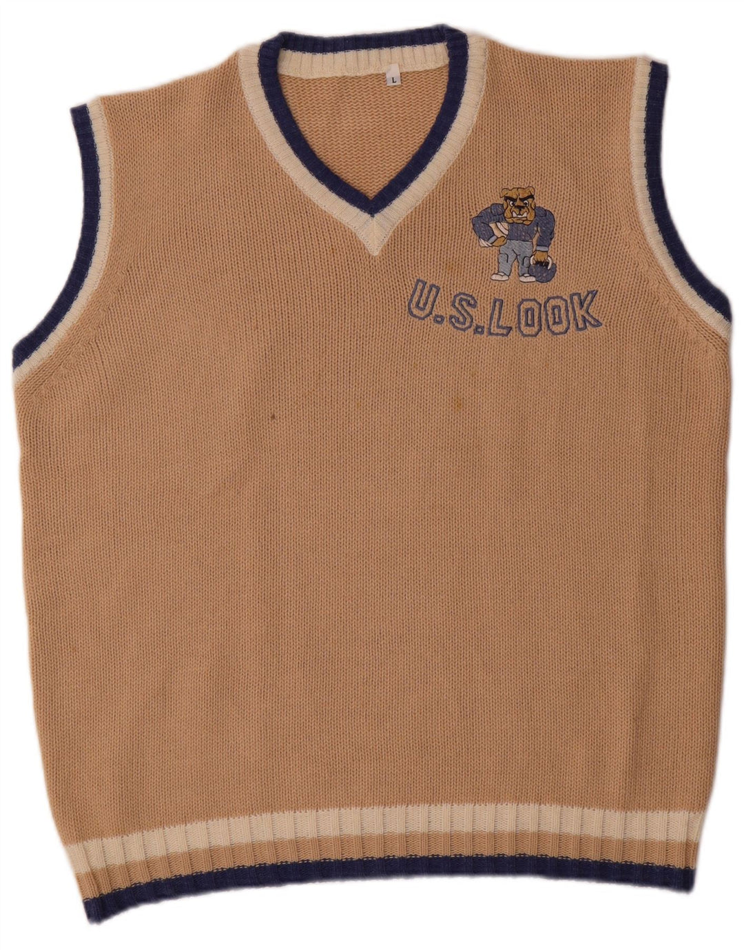 vintage Mens Graphic Vest Débardeur Grand Acrylique Beige