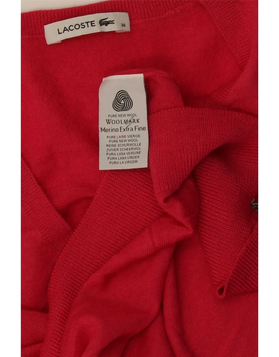 Lacoste Femme Col V Pull Pull Taille 36 Petite Laine Mérinos Rouge