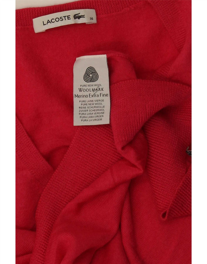 Lacoste Femme Col V Pull Pull Taille 36 Petite Laine Mérinos Rouge