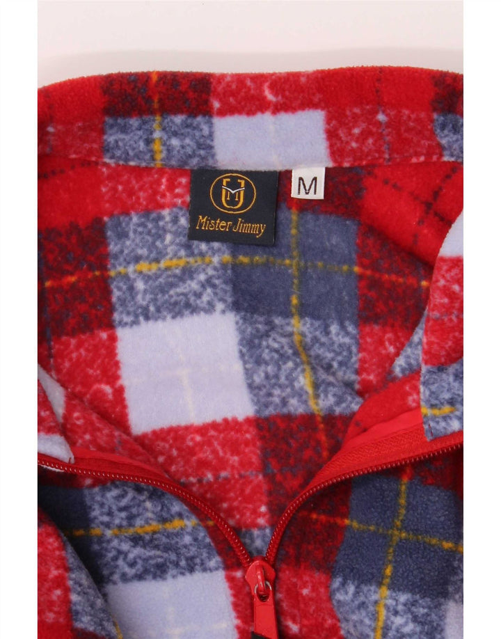 vintage Mens Zip Neck Fleece Jumper Moyen Rouge Plaid Polyester