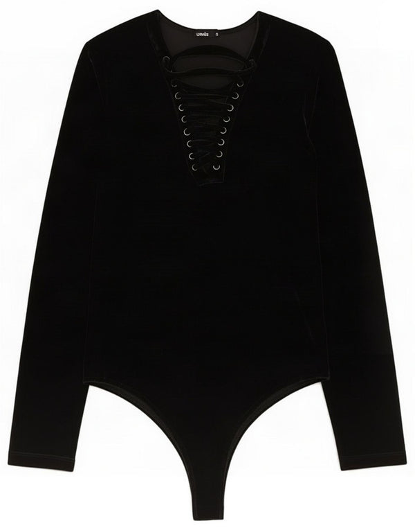 Vintage Body en velours à manches longues pour femme UK 10 Small Noir Polyester