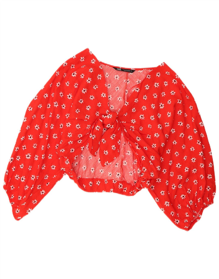 Zara Haut court à manches longues pour femme avec lien sur le devant - Rouge moyen - Floral - UK 12