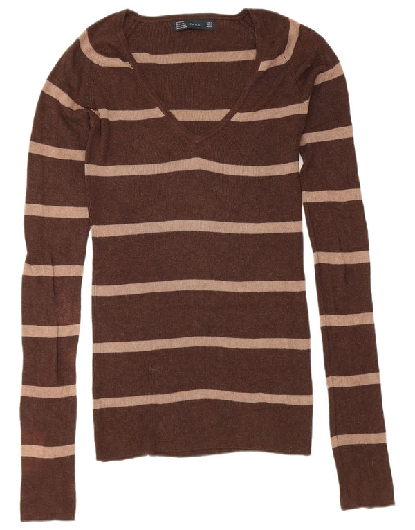 Zara Pull col en V pour femme UK 10 Petite rayonne rayée marron