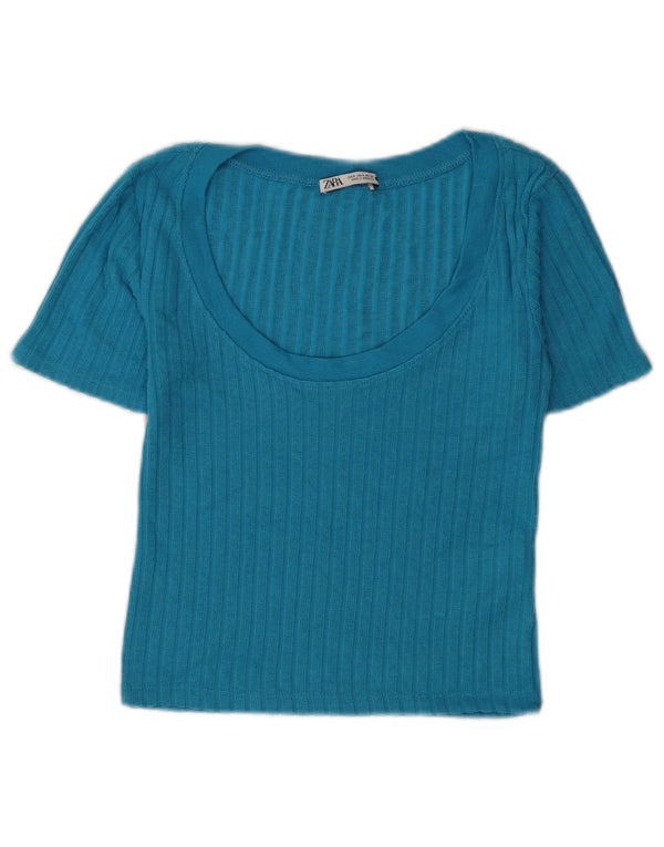 Zara Womens Crop T-Shirt Top UK 8 Petit Bleu Viscose