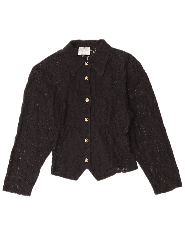 vintage Womens Crop Voir à travers la chemise Blouse UK 4 XS Noir Floral