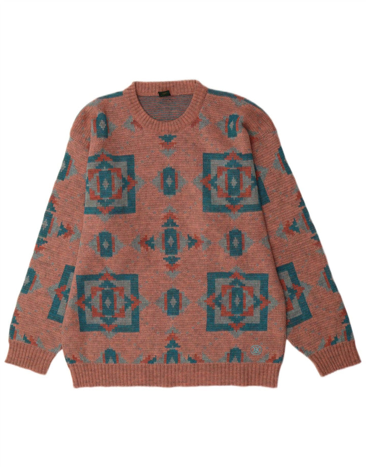 vintage Mens Crew Neck Jumper Pull Grand Rose Géométrique