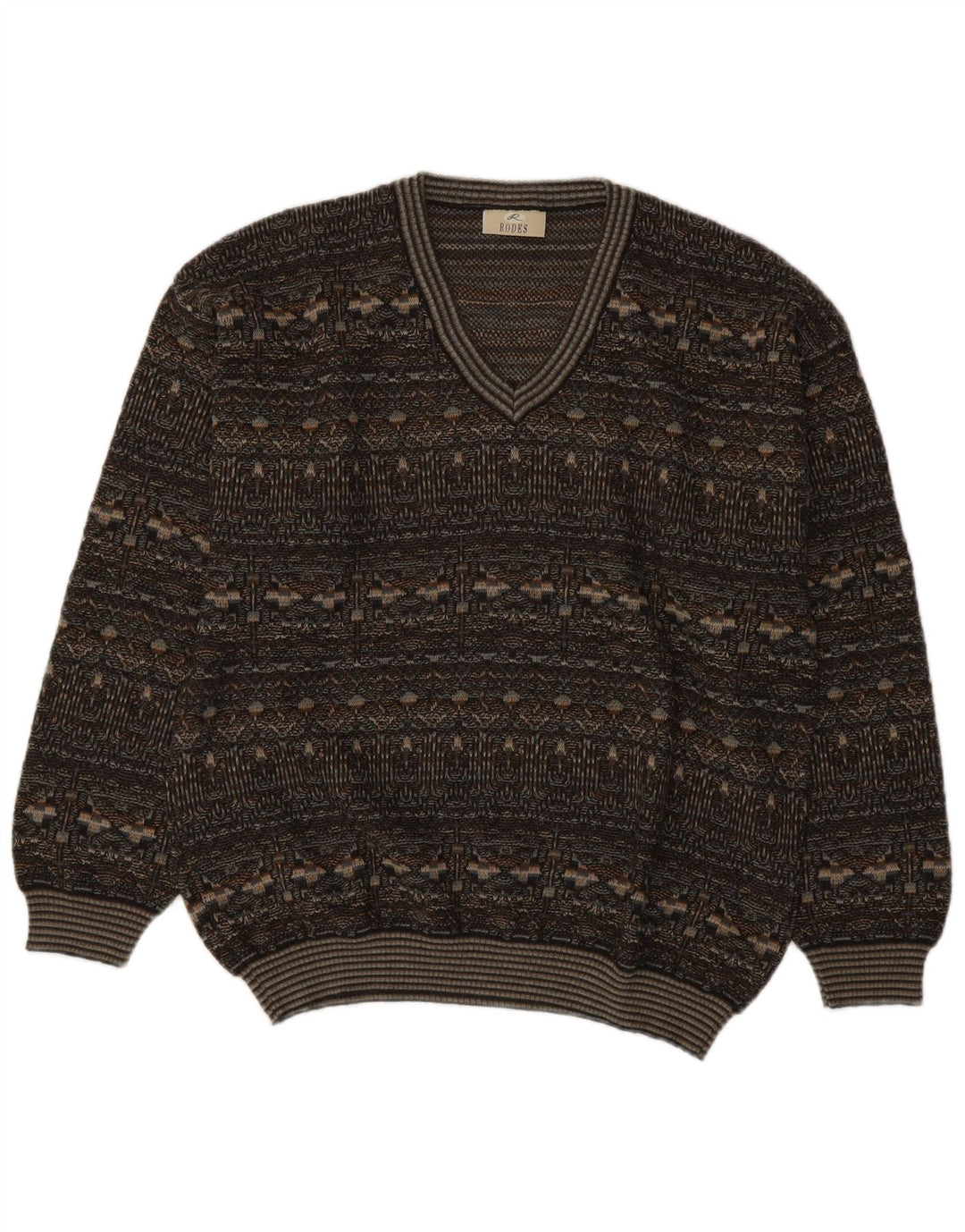 RODES Pull col V pour homme en laine vierge Fair Isle gris Taille L