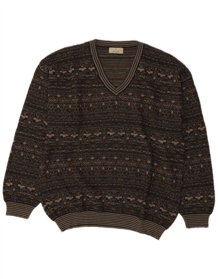 RODES Pull col V pour homme en laine vierge Fair Isle gris Taille L