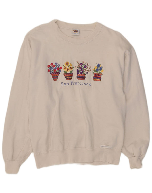 vintage Femmes Sweat-shirt surdimensionné Jumper UK 10 Petit coton floral blanc