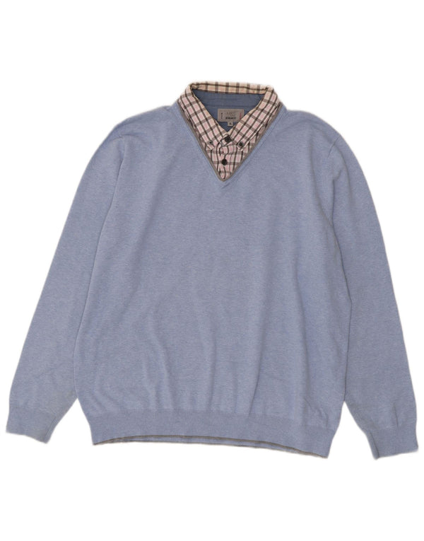 Marks & Spencer Pull coupe classique à col en V pour homme XL en coton à carreaux bleu