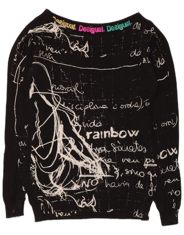 Desigual Pull graphique à col bateau pour femme UK 12 en coton noir moyen