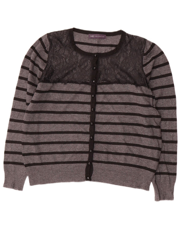 MARKS & SPENCER Pull cardigan court pour femme UK 14 Gris moyen rayé