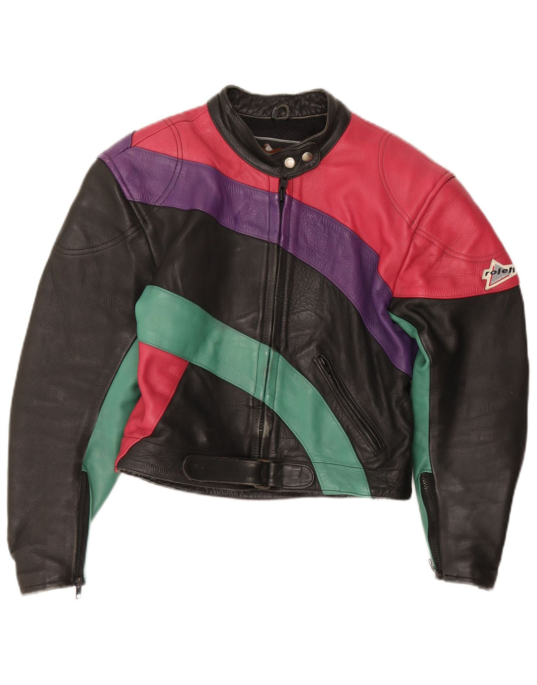 ROLEFF Veste courte pour femme UK 14 Grande moto en cuir color block noir