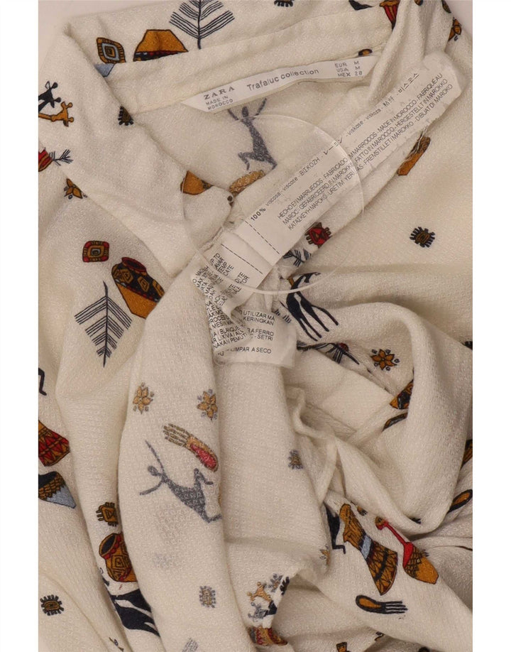 Zara Womens Trafaluc Abstract Pattern Shirt Blouse UK 14 Moyen Blanc