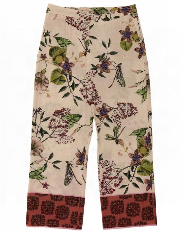 Zara Pantalon Femme Coupe Ample XL W32 L30 Polyester Blanc Cassé Floral