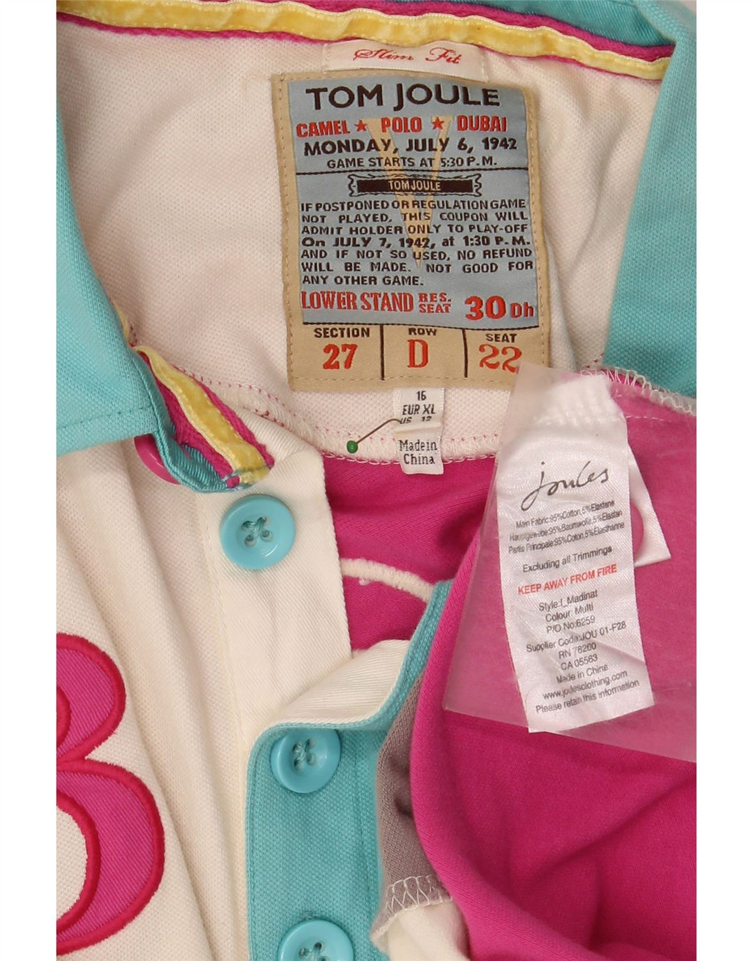 TOM JOULE Polo de rugby graphique Dubai pour femme UK 16 Large Multicolore