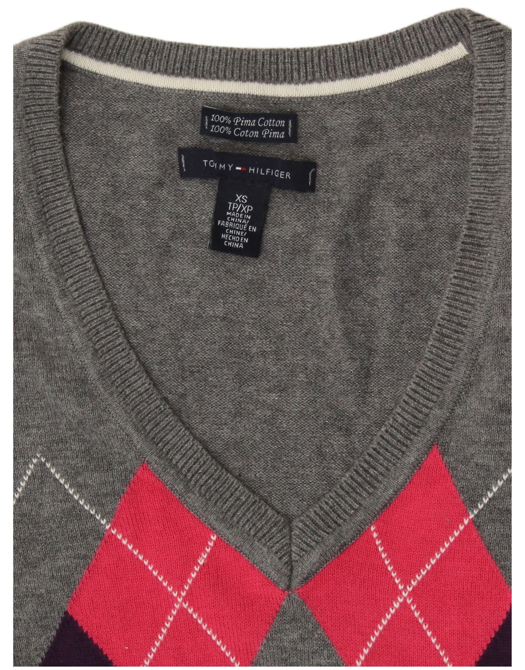 TOMMY HILFIGER Pull col en V pour femme UK 6 XS Gris Argyle/Diamant