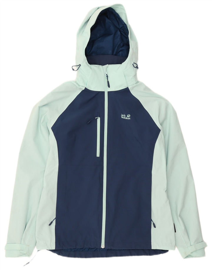 Jack Wolfskin Veste de pluie à capuche pour femme UK 10/12 Bleu moyen Colourblock