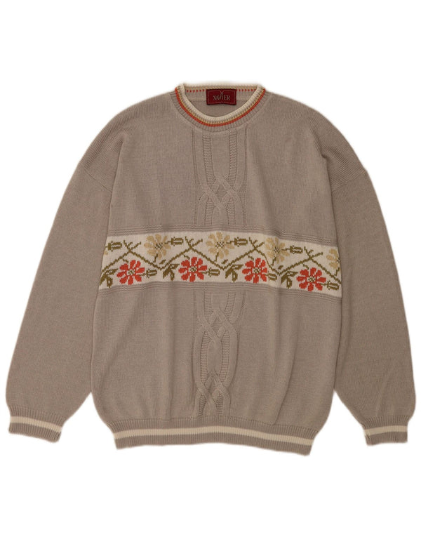 vintage Mens Crew Neck Jumper Pull XL Gris Floral Coton
