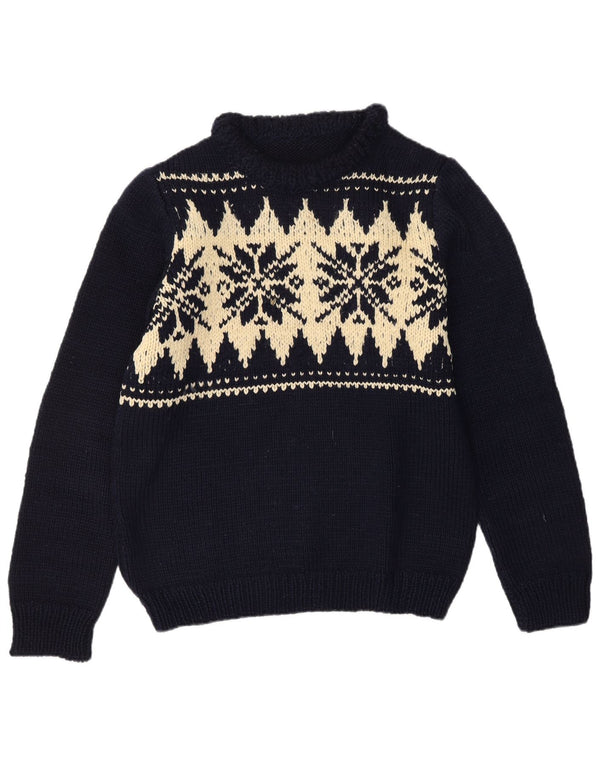 VINTAGE Femme Crew Neck Jumper Pull UK 16 Grand Bleu Marine Fair Isle