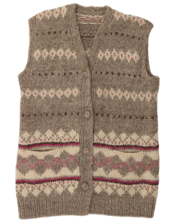 vintage Femme Longline Cardigan Pull UK 16 Grand Beige Fair Isle