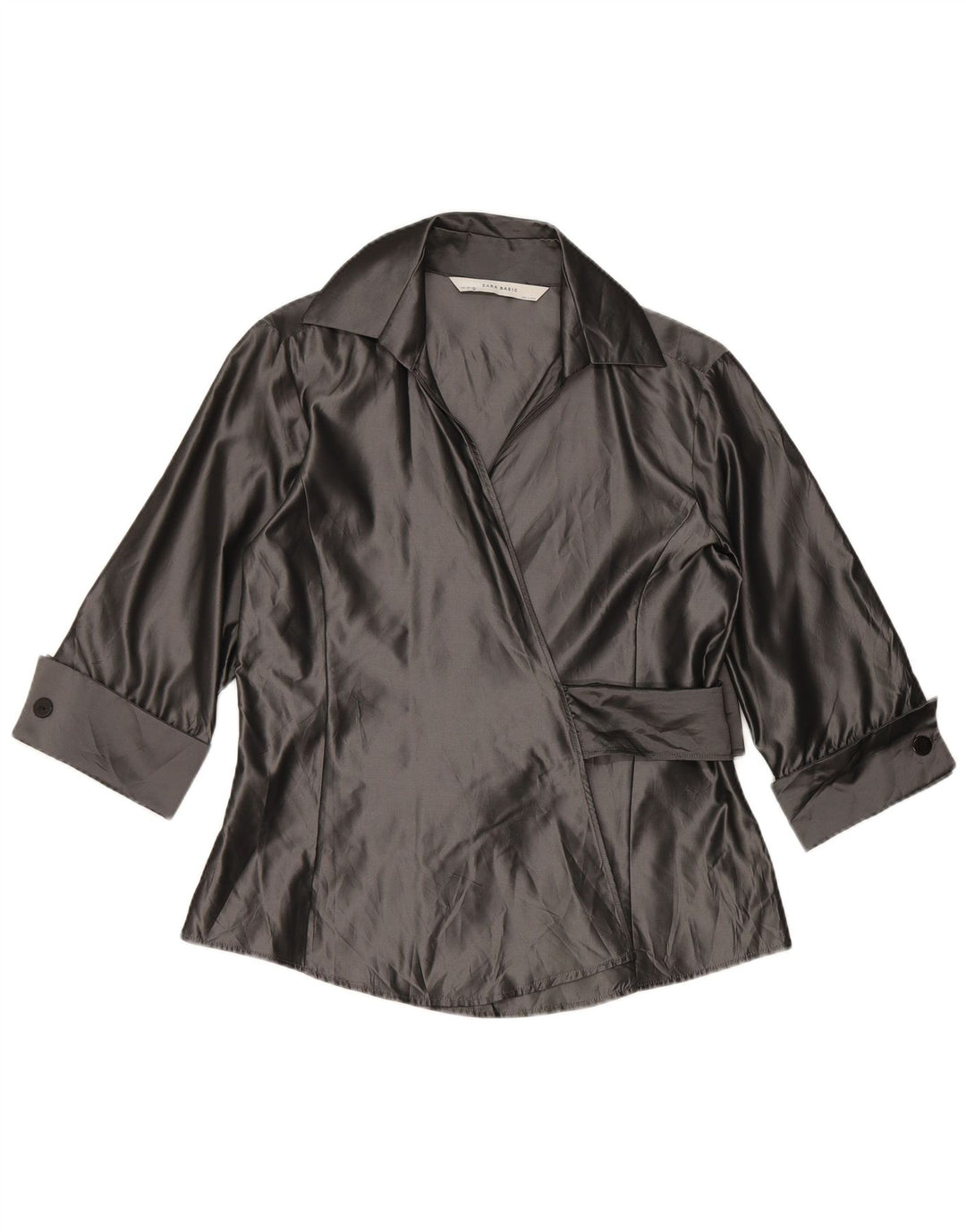 Zara Womens Wrap 3/4 Sleeve Shirt Blouse UK 14 Large Gris Acrylique