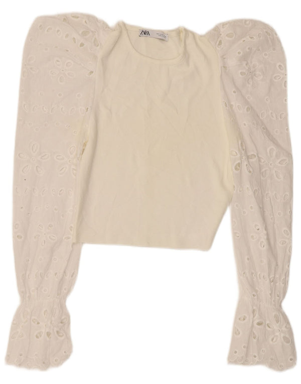 Zara Womens Crop Top Manches Longues UK 8 Petit Blanc Floral