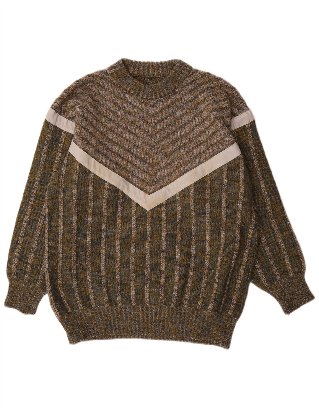 vintage Mens Crew Neck Jumper Pull Moyen Vert Rayé