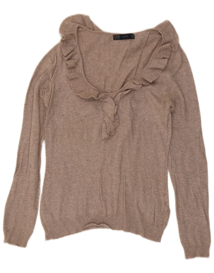 Zara Pull à col en V à volants sur le devant pour femme UK 12 Beige moyen moucheté