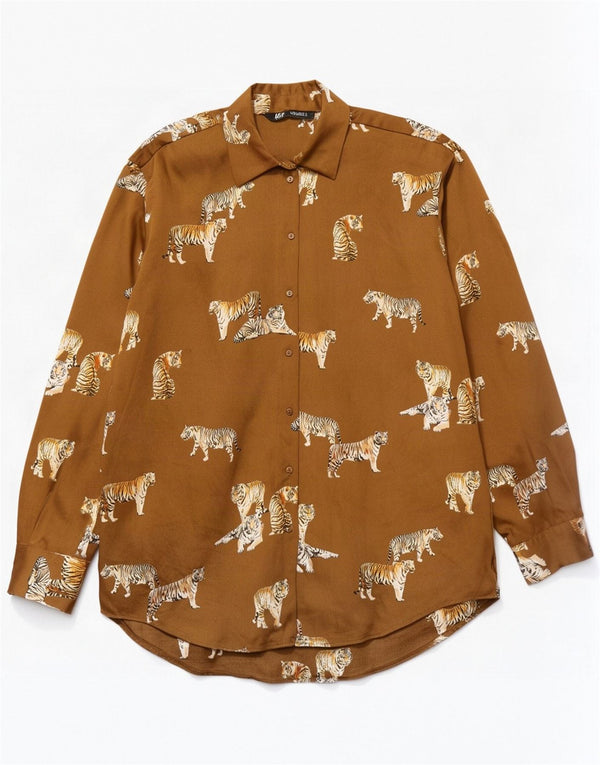 Zara Chemisier surdimensionné pour femme UK 10 Petit polyester beige imprimé animal