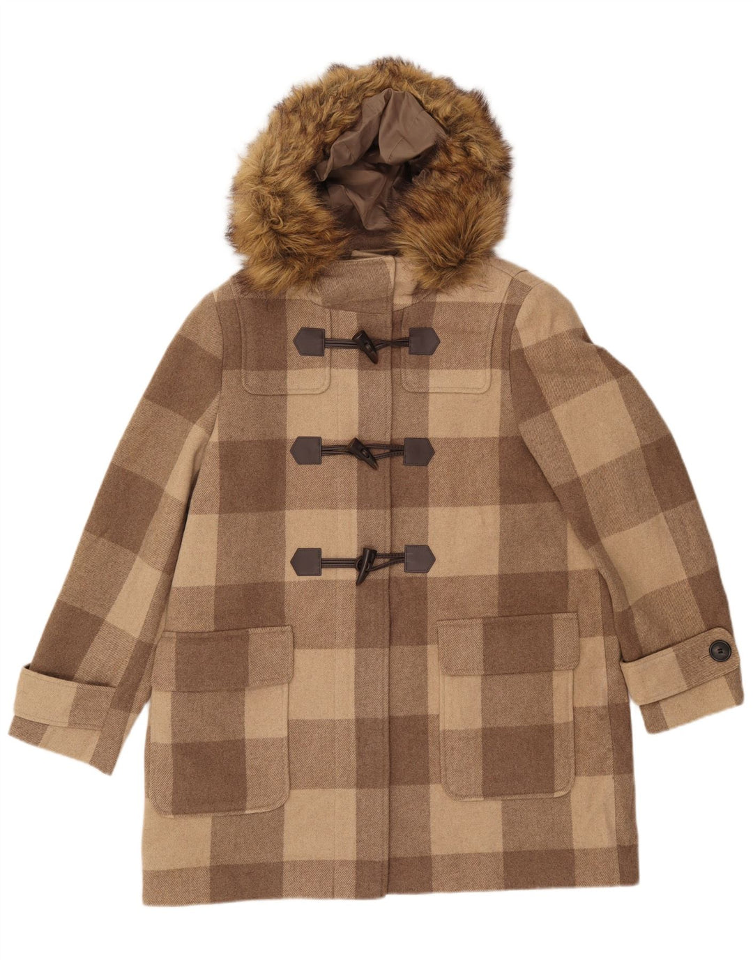 MARKS & SPENCER Duffle-coat à capuche pour femme UK 16 Grand carreaux marron