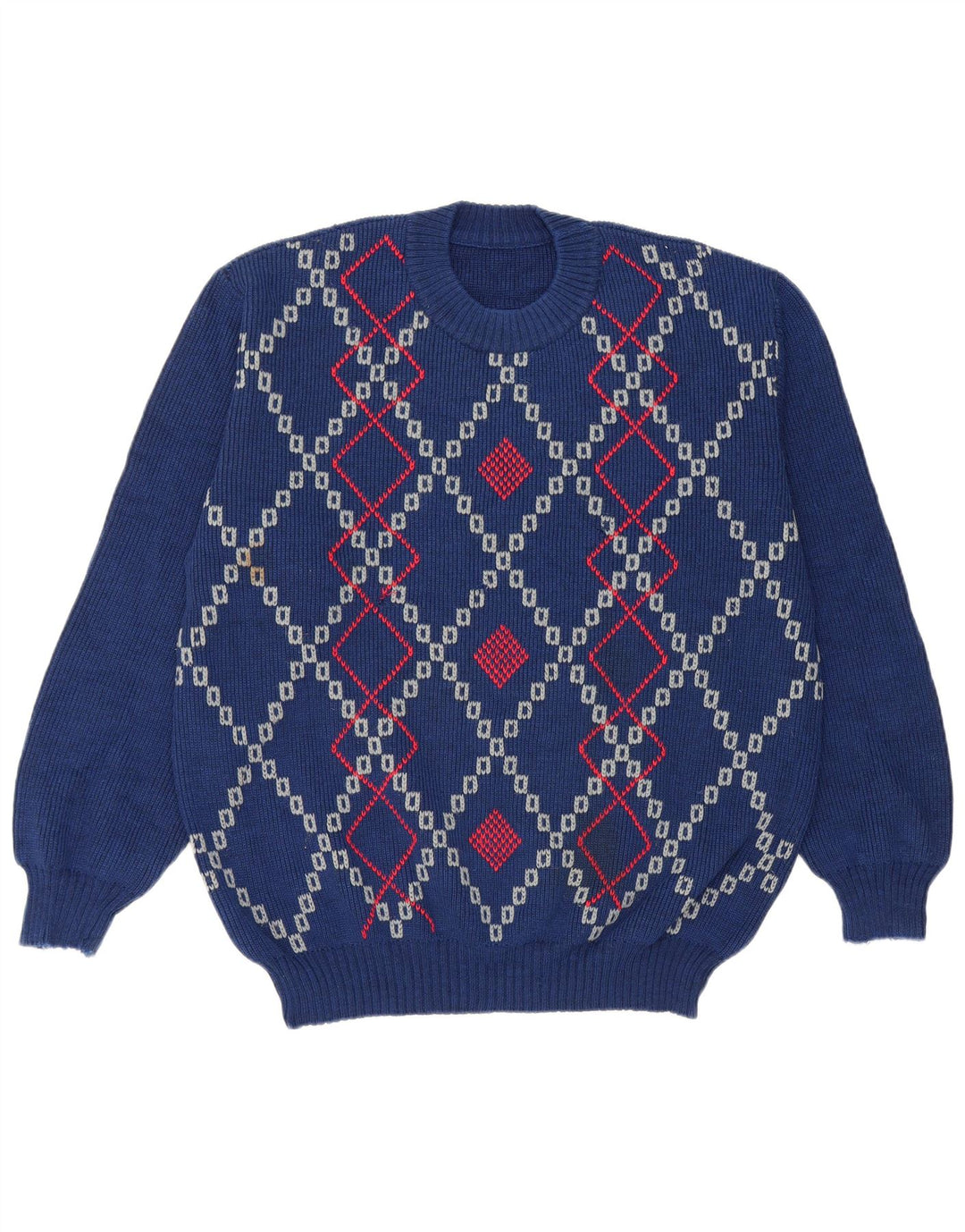 vintage Mens Crew Neck Jumper Pull Grand Bleu Argyle/Diamant
