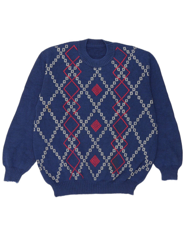 vintage Mens Crew Neck Jumper Pull Grand Bleu Argyle/Diamant