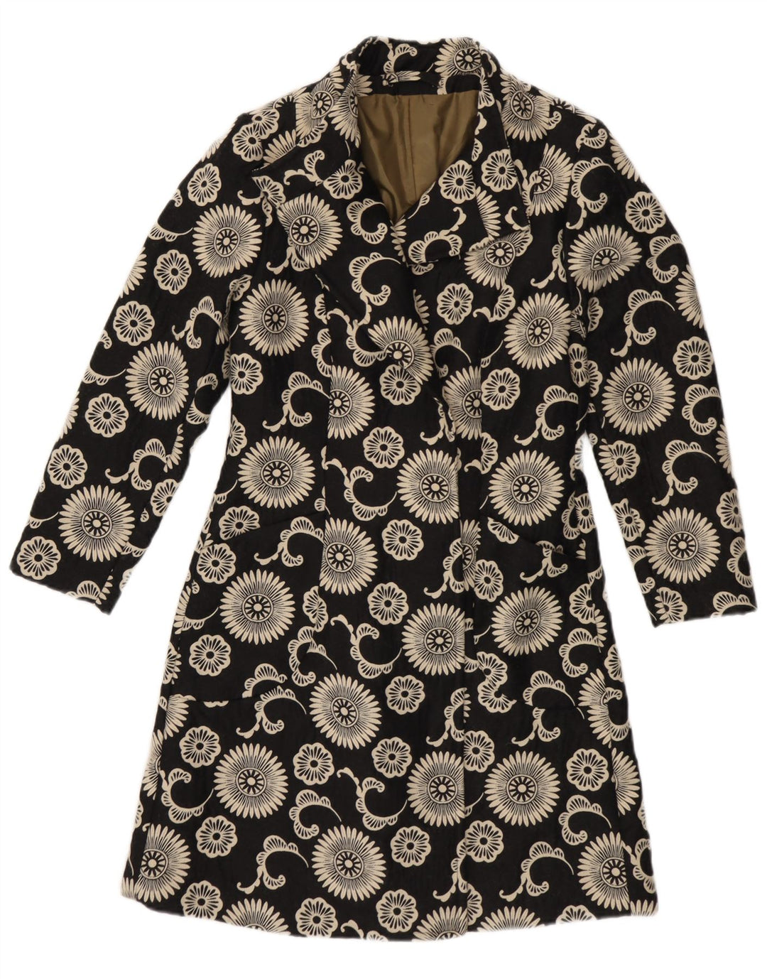 vintage Femme Pardessus UK 12 Moyen Noir Floral
