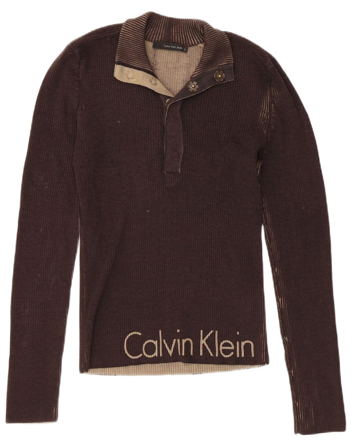 CALVIN KLEIN JEANS Pull à col boutonné pour femme UK 10 Small Marron