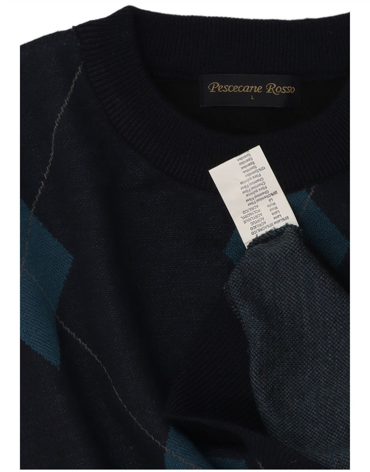 vintage Mens Crew Neck Jumper Pull Grand Bleu Marine Argyle/Diamond Laine