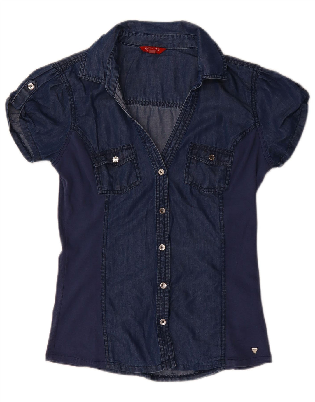 GUESS Chemisier en jean à manches courtes pour femme UK 12 Bleu marine moyen Tencel