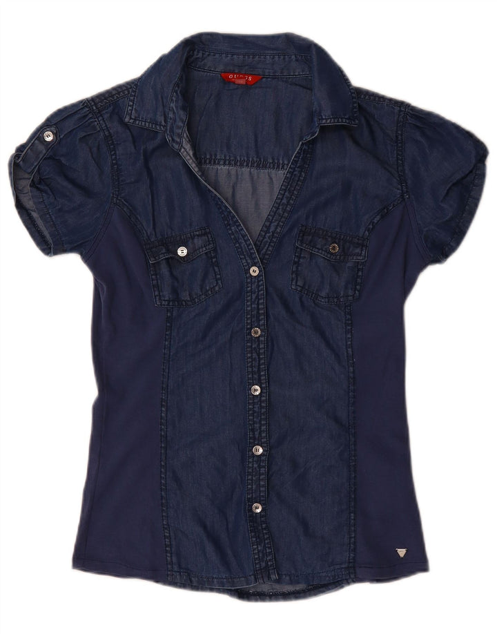 GUESS Chemisier en jean à manches courtes pour femme UK 12 Bleu marine moyen Tencel
