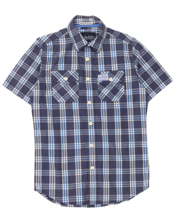 SUPERDRY Chemise à Manches Courtes Homme Petit Carreau Bleu Marine Coton