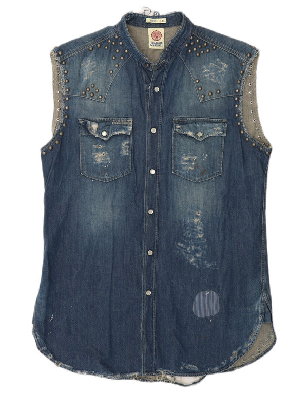 Franklin Marshall Chemise en jean sans manches pour homme Coupe ajustée Bleu XL