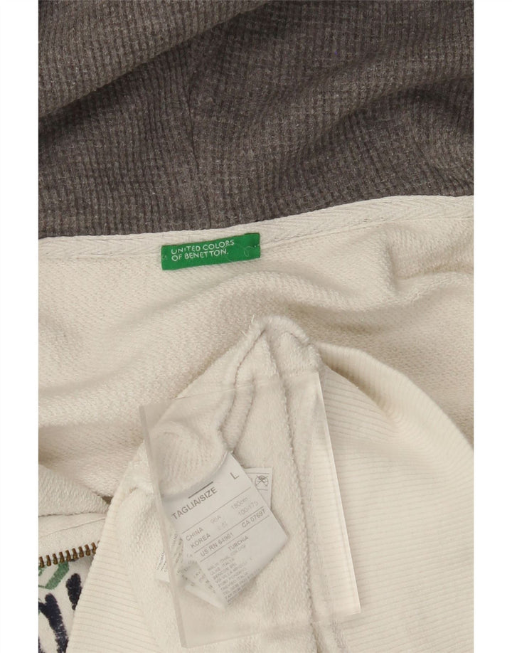 BENETTON Pull à capuche zippé graphique pour femme UK 16 Grand coton blanc