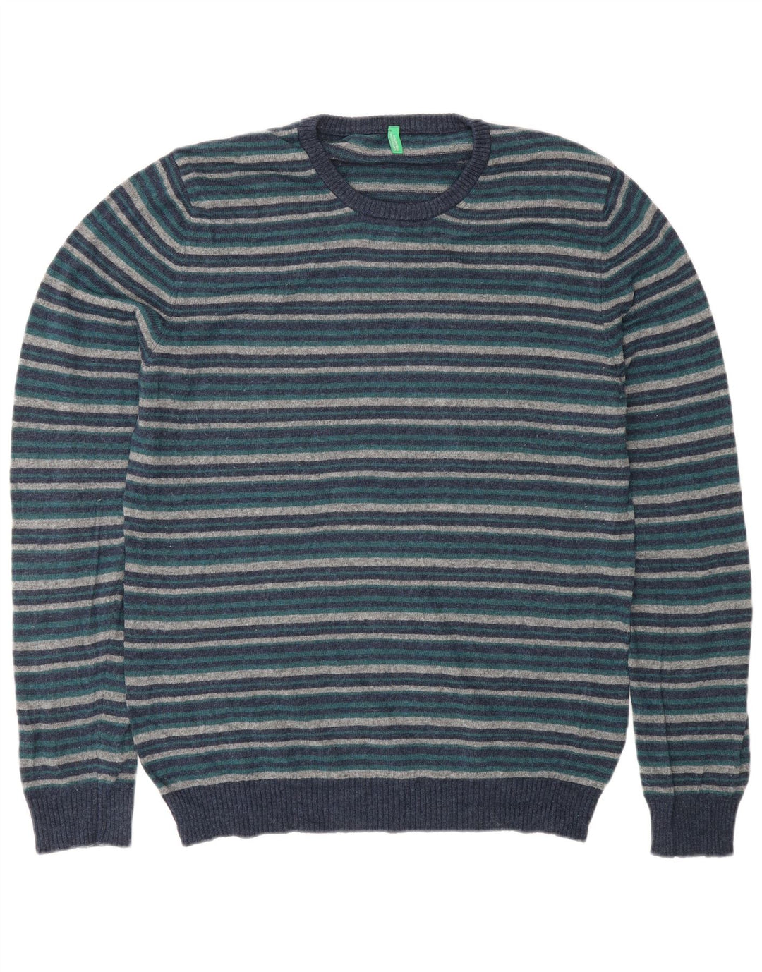 BENETTON Pull à col rond pour homme en laine rayée bleu marine