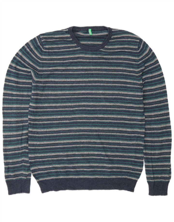 BENETTON Pull à col rond pour homme en laine rayée bleu marine