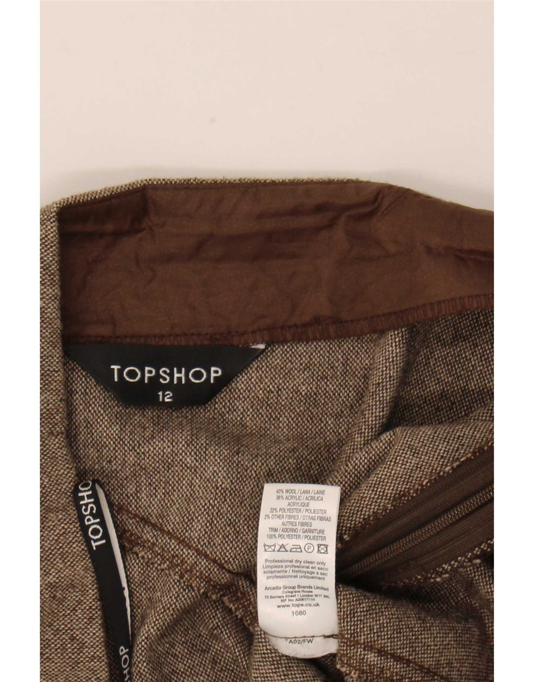 Topshop Jupe trapèze pour femme UK 12 Medium W32 Laine marron