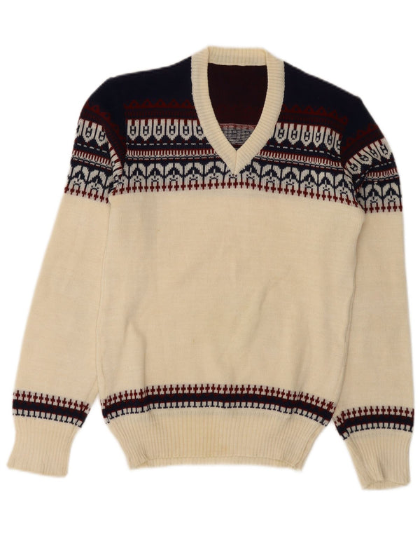 vintage Homme Col V Pull Pull XS Off White Fair Isle