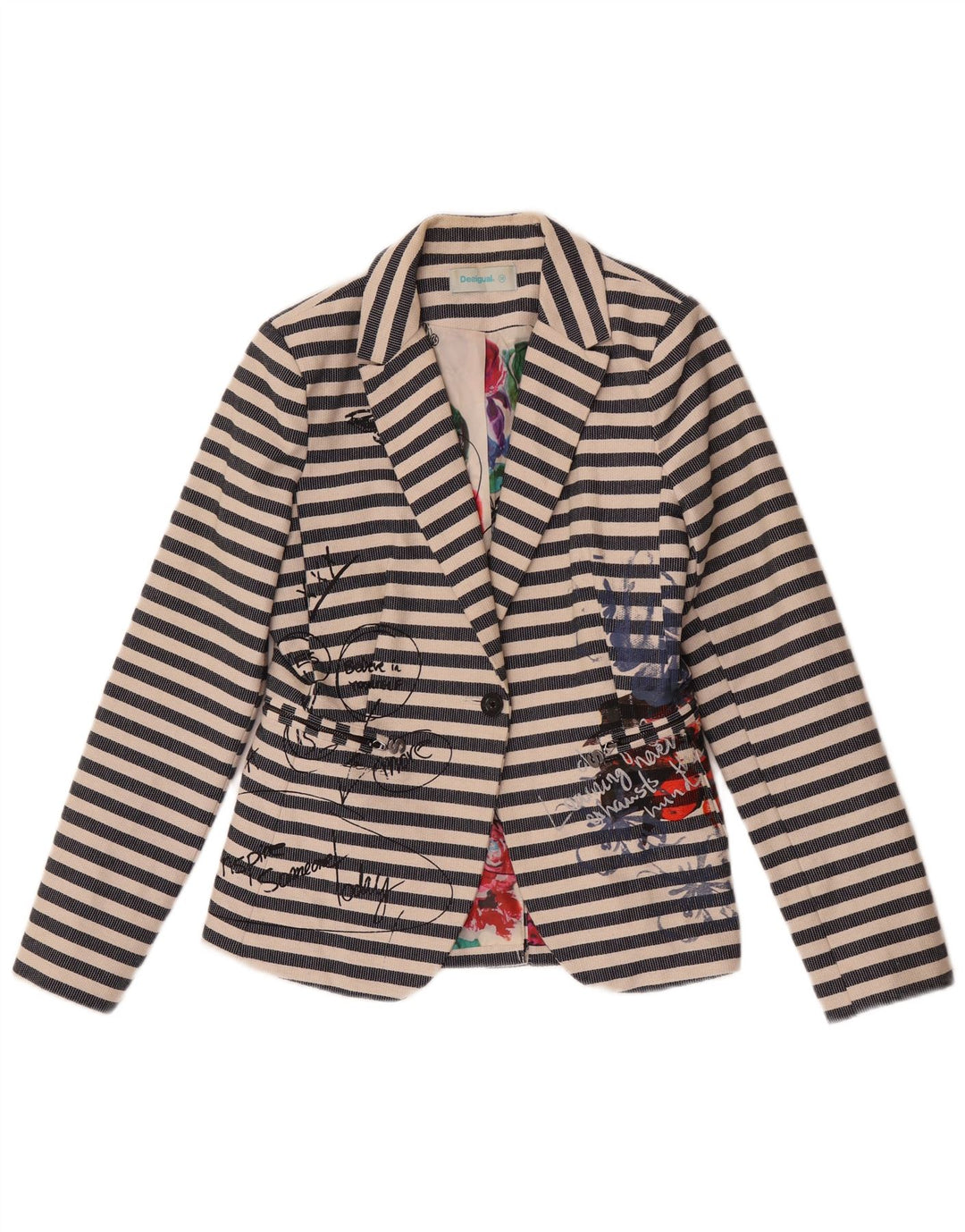 Desigual Veste Blazer Graphique Femme EU 38 Bleu Marine Moyen Rayé