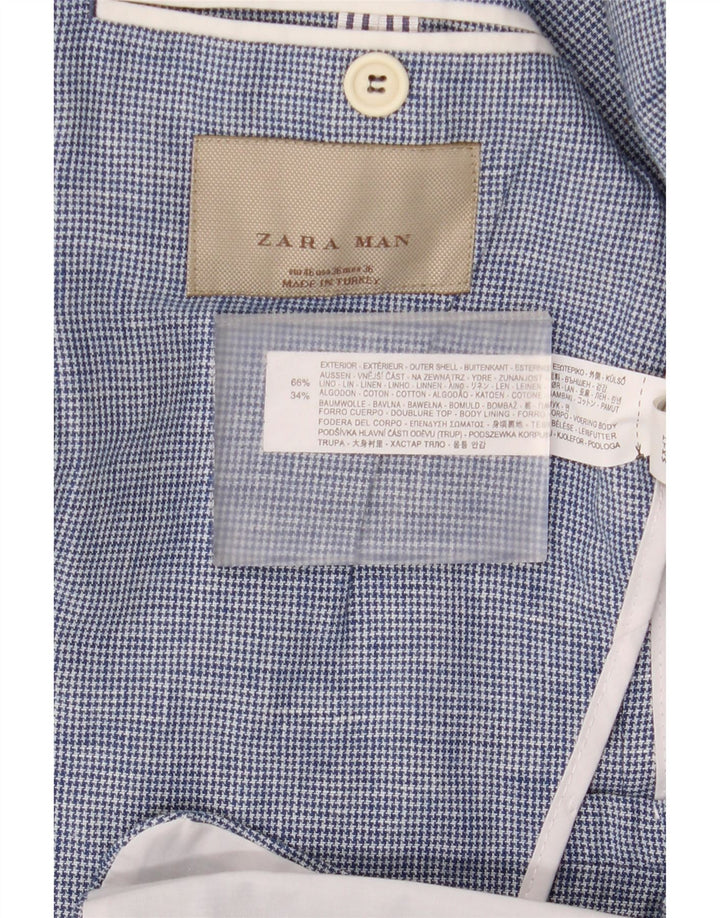 Zara Veste Blazer 2 Boutons Homme EU 46 Petit Bleu Pied-de-Poule Lin